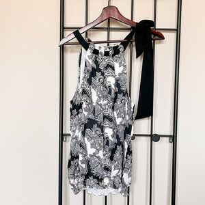 WHBM 100% Silk Printed Tie Neck Sleeveless Blouse Sz M